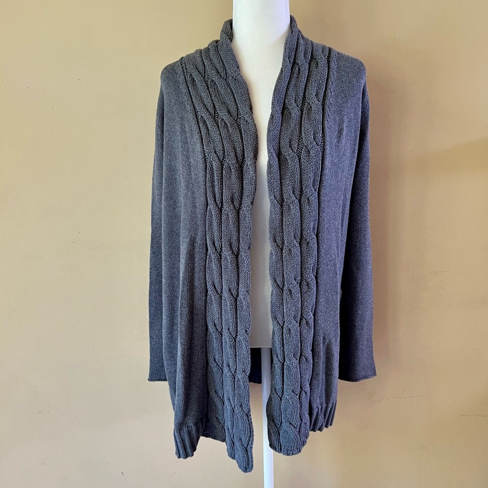 Tommy Hilfiger Medium Gray Cardigan Crochet Cable Knit Sweater Open Front Draped